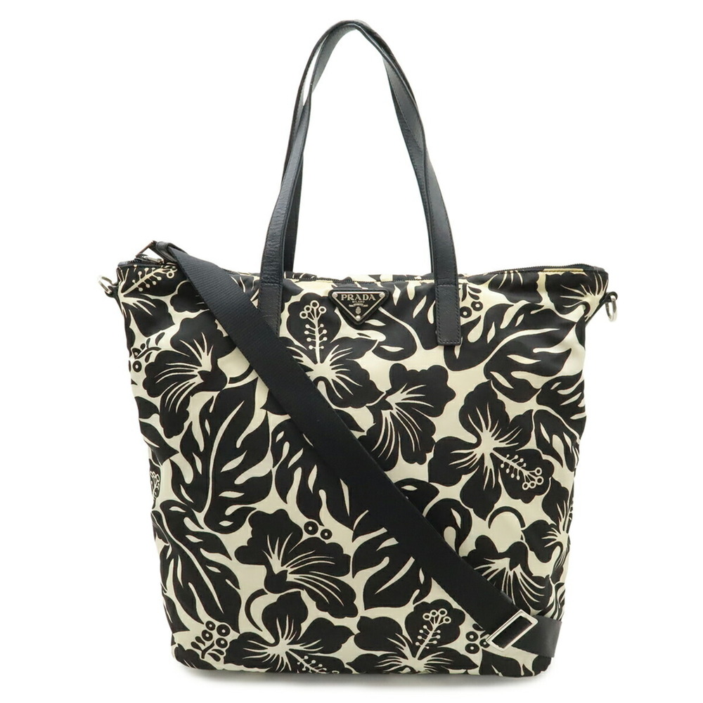 PRADA Prada Tote Bag Shoulder Hibiscus Flower Print Nylon Leather NERO Black ... - Picture 2 of 9
